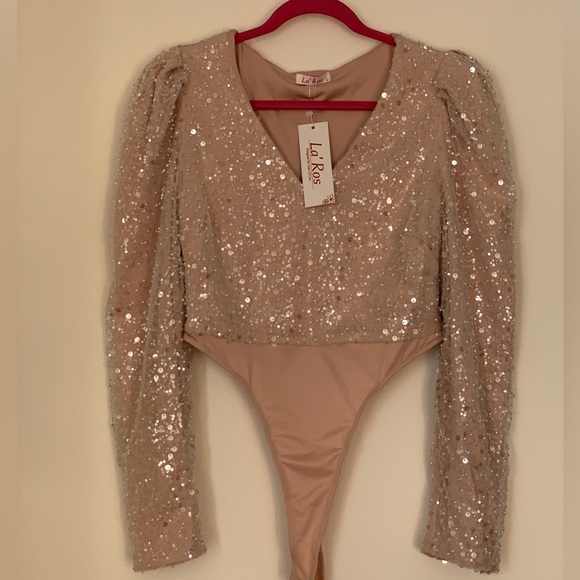 LA ROSE body/Panti, Beige/Gold Sequins. Size Large, long Sleeve, BNWT. - Picture 1 of 4
